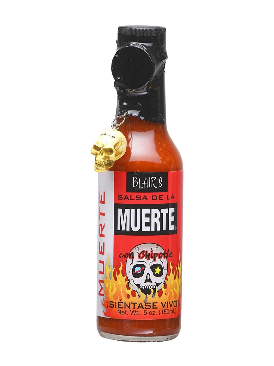 Hot Sauce Blairs Salsa de La Muerte Chipotle 5 oz Heat 6 Skull keychain