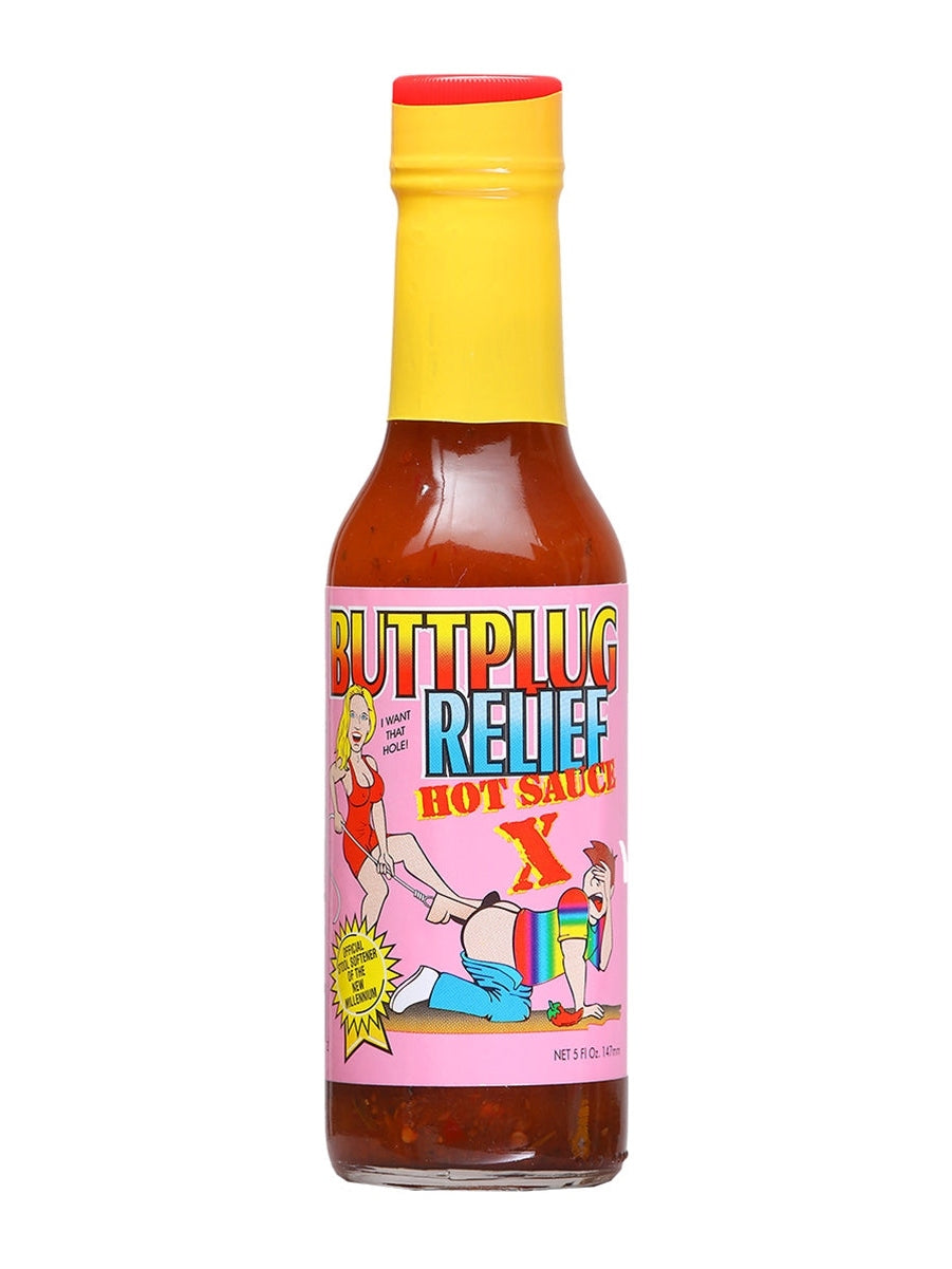 Hot Sauce Buttplug Relief I want that hole ! Pic of man on all fours woman pulling a dildo out of his ass 5 oz Heat 8
