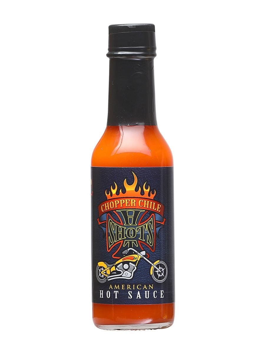 CHOPPER CHILE HOT SHOTS AMERICAN HOT SAUCE PICTURE OF MOTORCYCE CHOPPE OM THE LABEL 5 OZ $5.98 GARLICSHOPPE.COM.JPEG