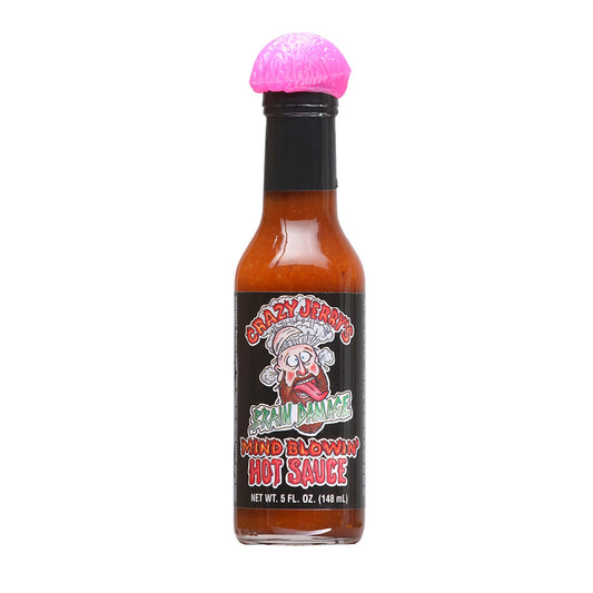 Hot Sauce Crazy Jerrys Brain Damage Mind Blowin with Pink Brain Cap 5 oz Garlic Heat 10