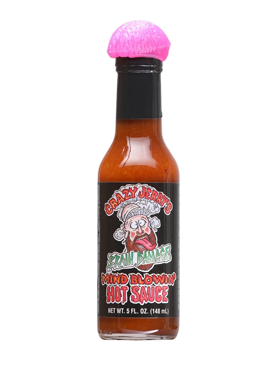 Hot Sauce Crazy Jerrys Brain Damage Mind Blowin with Pink Brain Cap 5 oz Garlic Heat 10