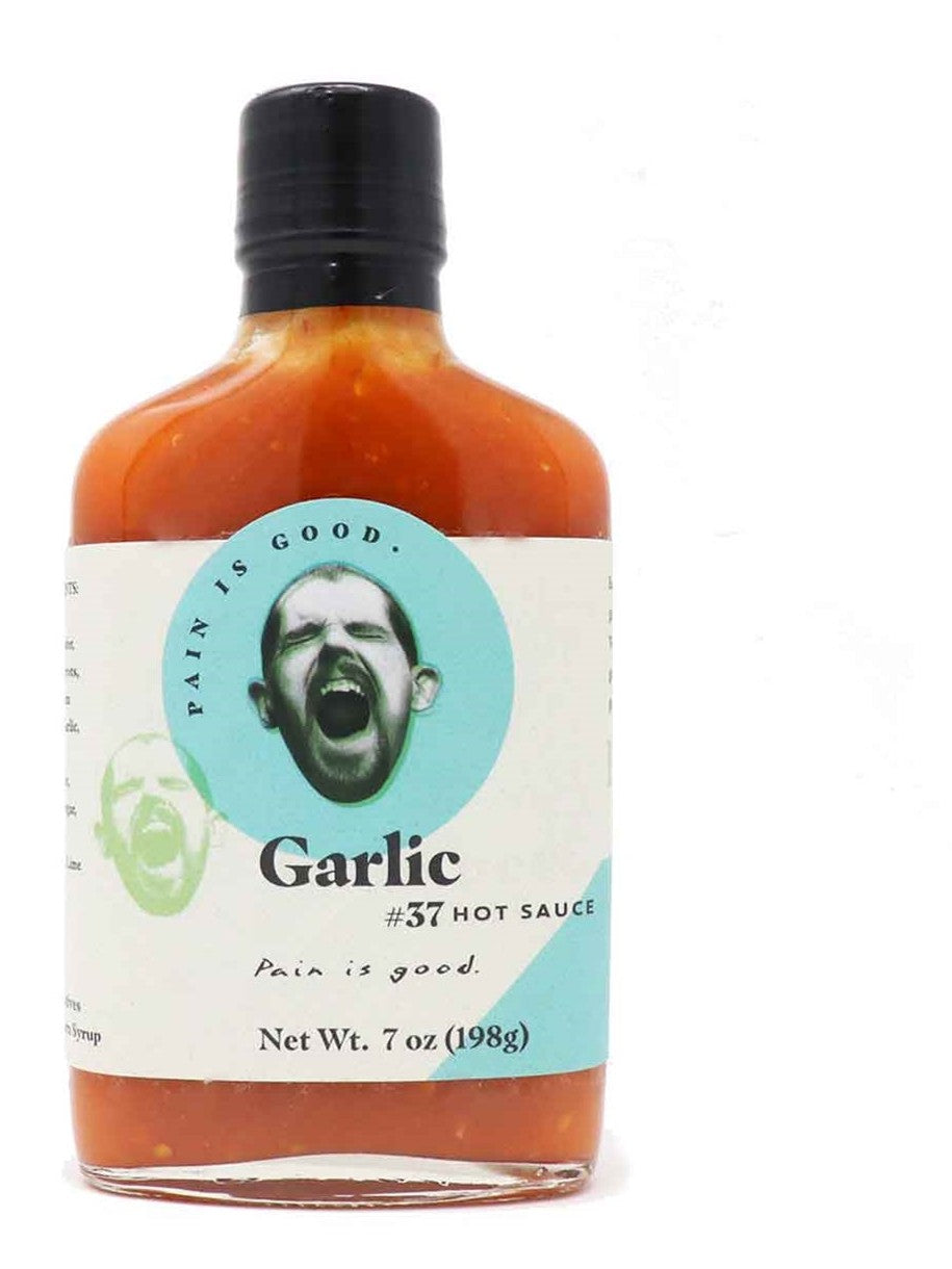 Hot Sauce Pain Is Good Garlic #37 Blue Spot Label 7 oz Flask Heat 9