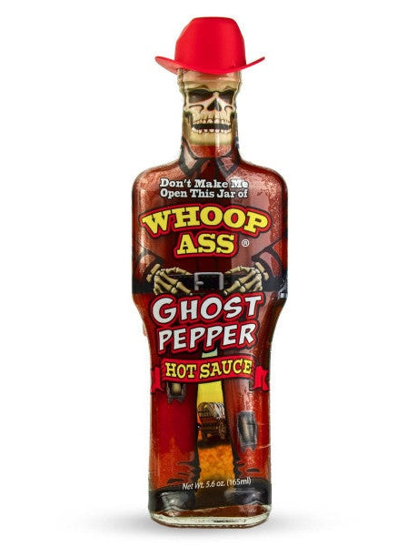 Hot Sauce Whoop Ass Ghost Pepper in Cowboy Shaped Glass Bottle with Skull & Cowboy Hat 5.6 oz Heat 10   $9.98.