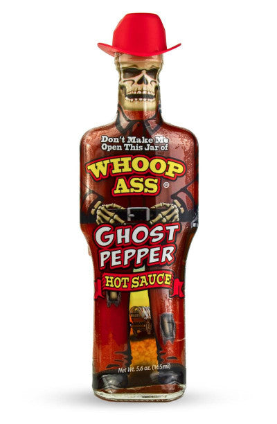 Hot Sauce Whoop Ass Ghost Pepper in Cowboy Shaped Glass Bottle with Skull & Cowboy Hat 5.6 oz Heat 10   $9.98.