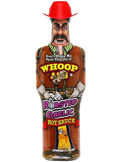 Hot Sauce Whoop Ass Roasted Garlic in a Cowboy shaped bottle with Red hat 5.6 oz  Heat $9.98