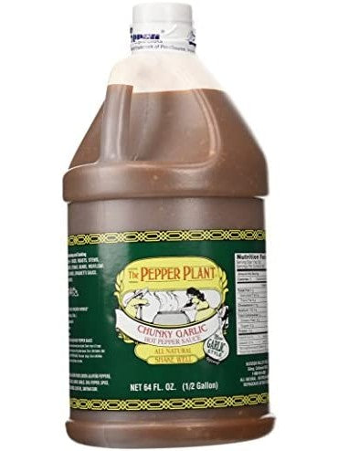 The Pepper Plant Chunky Garlic Hot Sauce 64 oz in a plastic jugMade in Gilroy California USA