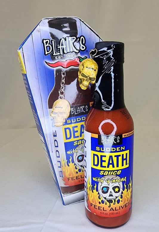 Hot Sauce Blair’s Sudden Death with Ginseng in a cardboard Coffin Skull Keychain 5 oz Heat 10 $23.98