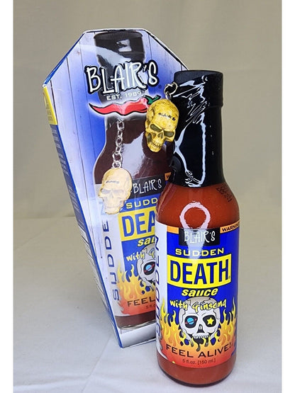 Hot Sauce Blair’s Sudden Death with Ginseng in a cardboard Coffin Skull Keychain 5 oz Heat 10 $23.98