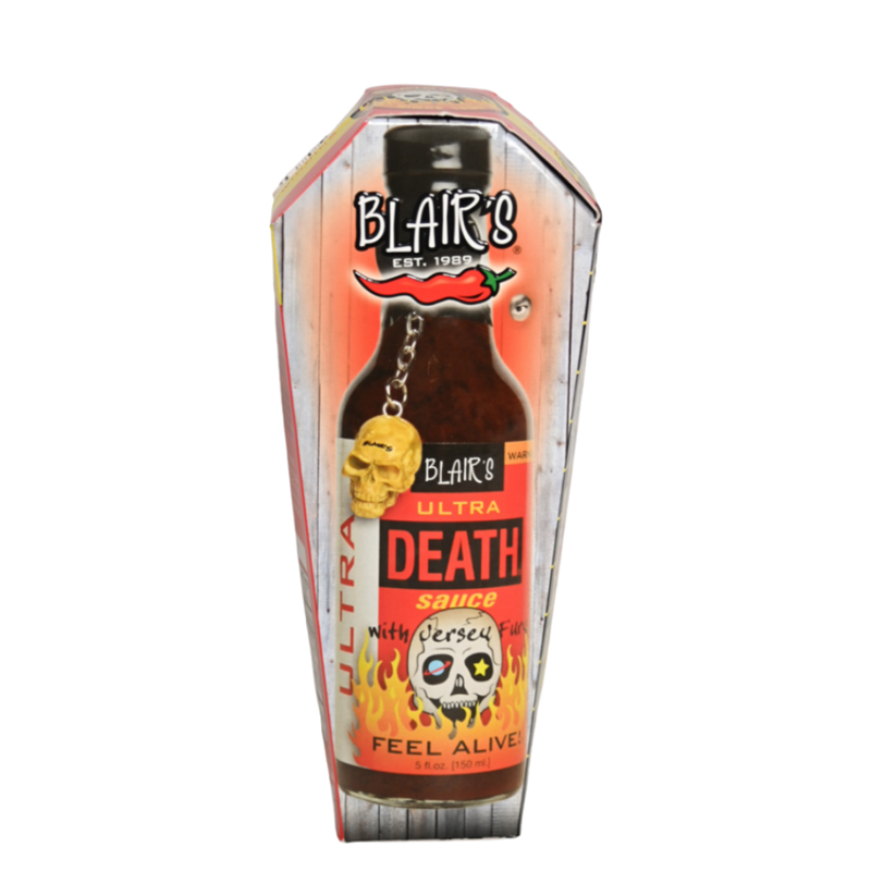 Hot Sauce Blairs Ultra Death in Coffin Skull Keychain 5 oz Heat 10 GarlicShoppe.com.jpg