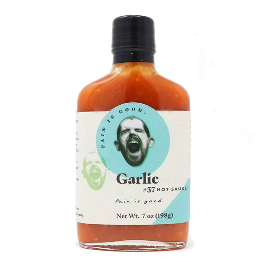 Hot Sauce Pain Is Good Garlic #37 Blue Spot Label 7 oz Flask Heat 9