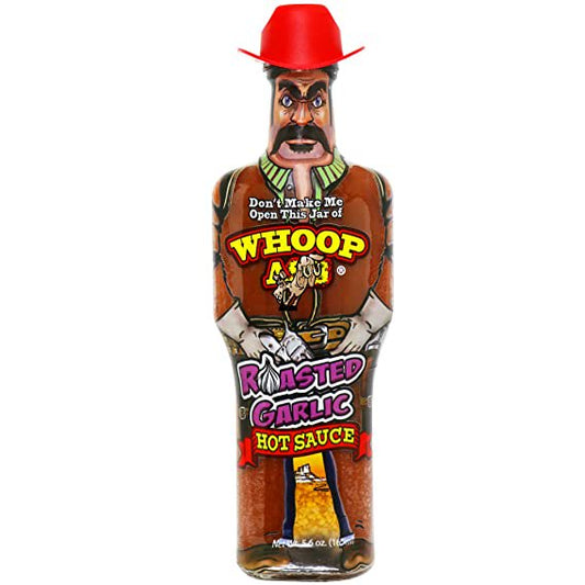 Hot Sauce Whoop Ass Roasted Garlic in a Cowboy shaped bottle with Red hat 5.6 oz  Heat $9.98