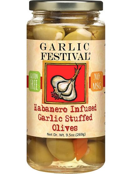 Aceitunas rellenas de ajo con infusión de habanero, 9.5 oz, $11.98 