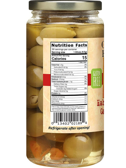 Aceitunas rellenas de ajo con infusión de habanero, 9.5 oz, $11.98 
