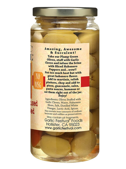 Aceitunas rellenas de ajo con infusión de habanero, 9.5 oz, $11.98 