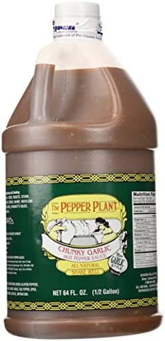 The Pepper Plant Chunky Garlic Hot Sauce 64 oz in a plastic jugMade in Gilroy California USA